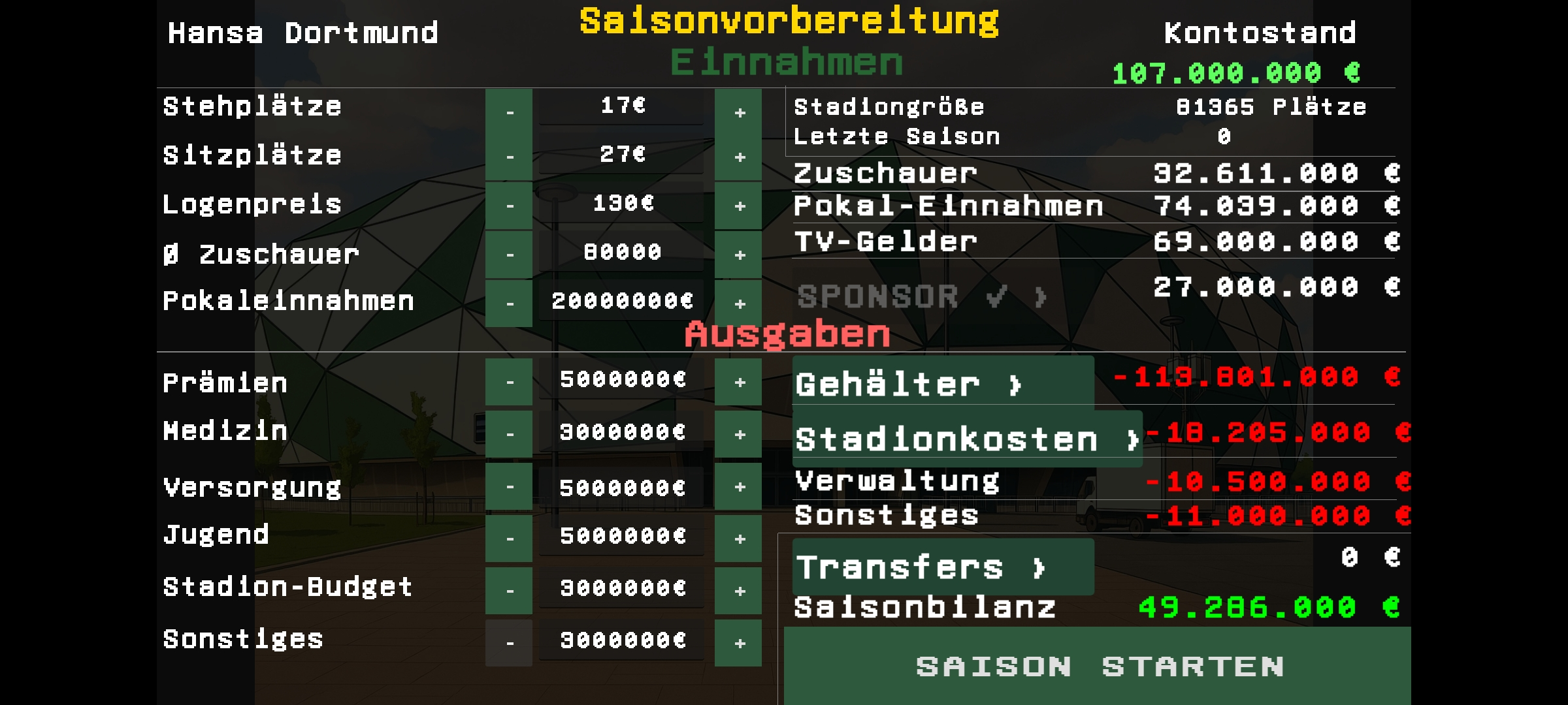 Pre-Season Finances - Budget overview with income and expenses